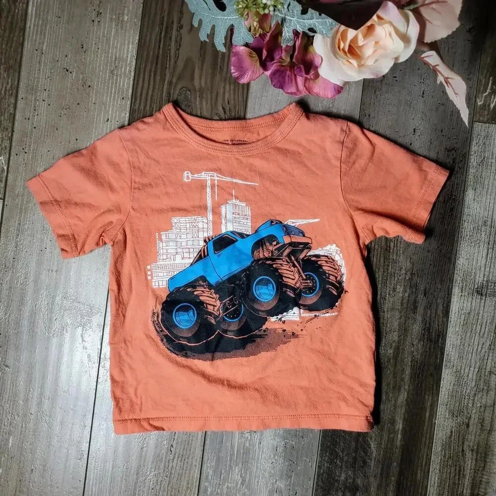 The Children's Place Toddler Boy Size 2T Orange Monster Truck Cotton T-Shirt EUC